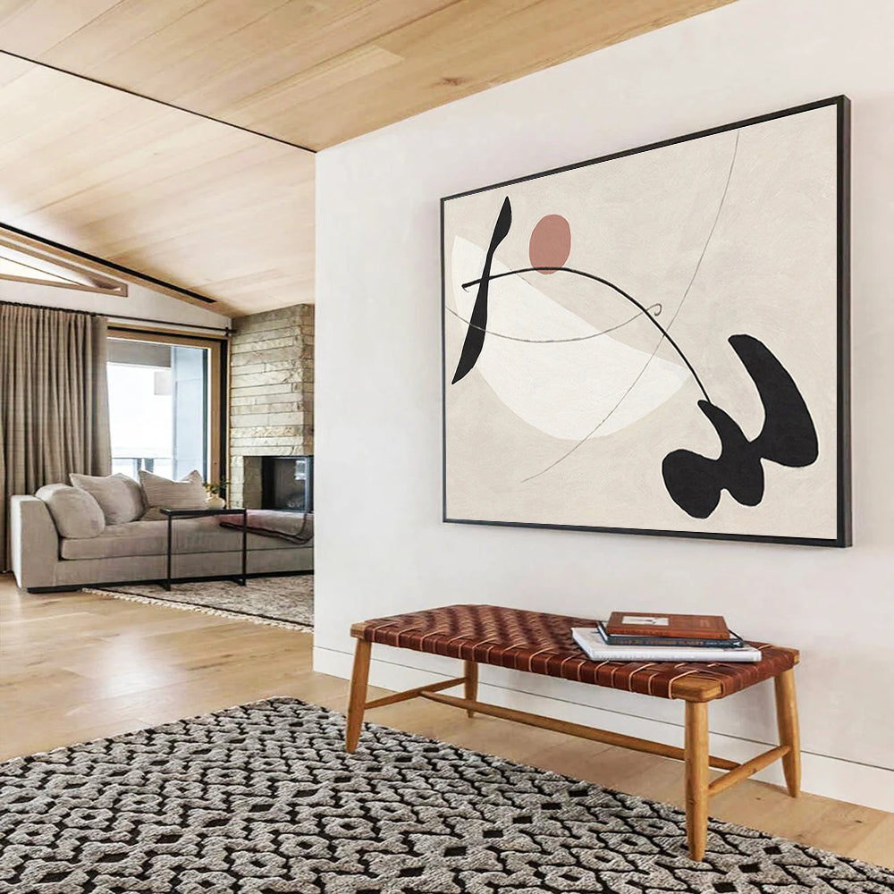 “Abstract Geometric Dance” - Beige, Black & Pink Abstract, Modern Ink Painting On Canvas DKS738