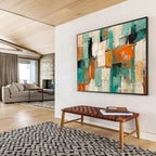 “Teal - Orange - White Abstract” - Abstract Color Block - Painting On Canvas PT1721