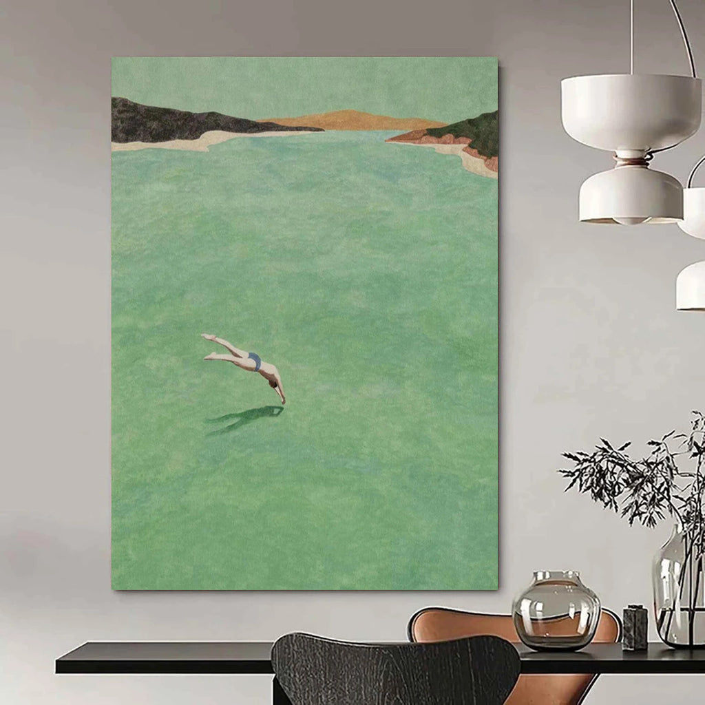 “Diving into Green Water” - Refreshing Landscape Figurative Painting On Canvas DS304