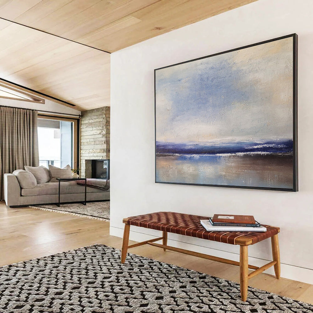 “Soft Coastal Horizon in Blues and Neutrals” - Minimalist Seascape Oil Painting On Canvas PT037