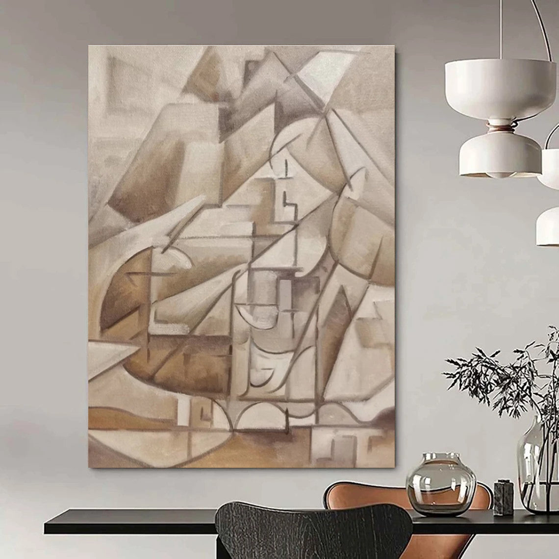 Brown, Beige with Cubist Forms "Abstract Village" Abstract Painting On Canvas PS1456