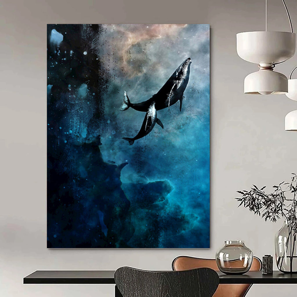 “Cosmic Whales: Blue and Black Surrealist Painting” - Surrealist Fantasy Painting On Canvas PT0933
