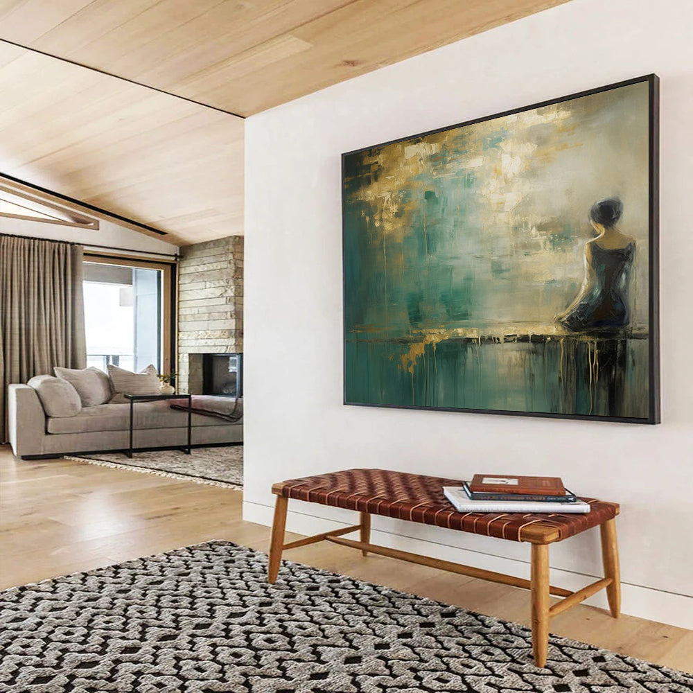 “Woman by the Water in Teal and Gold” - Impressionistic Figurative Painting On Canvas PT087