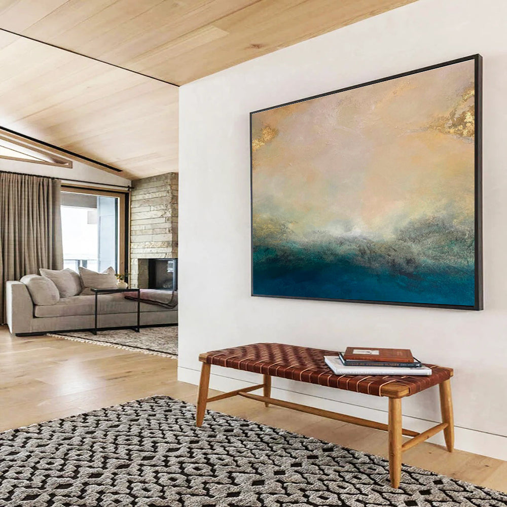 “Gold - Accented Coastal Hues” - Gold, Blue & Beige Abstract, Mixed - Media Painting On Canvas DKS770