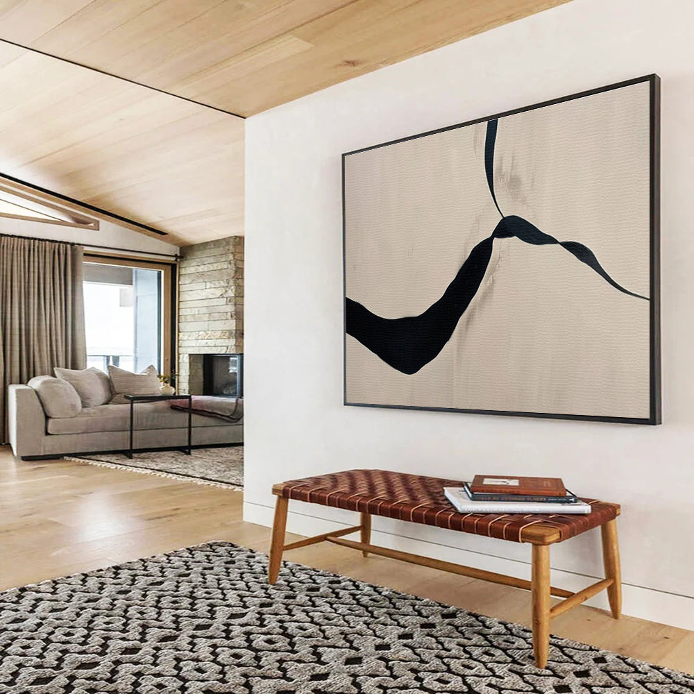 “Black Ribbon Abstract on Beige” - Abstract Painting on Canvas, For Living Room & Studio DKS589