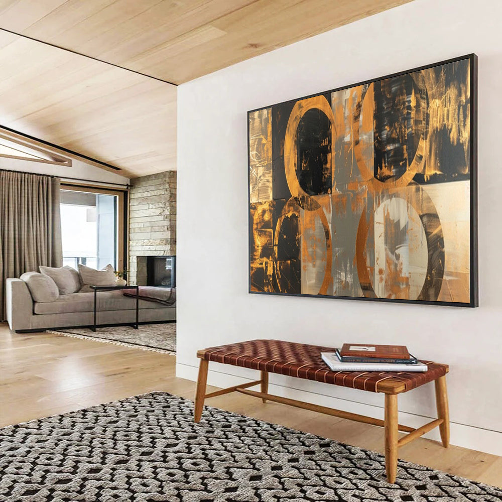 “Black - Gold Circles & Gray Background” - Abstract Geometric - Painting On Canvas PT1716