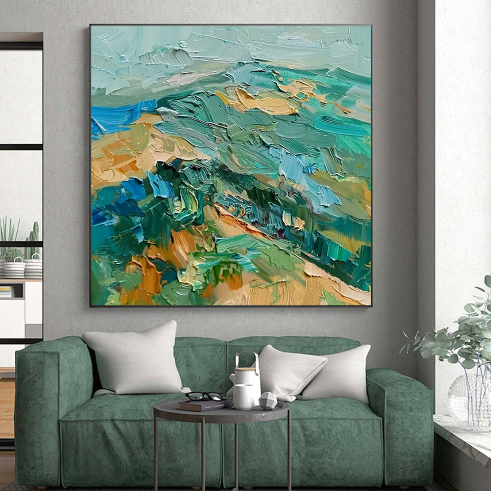 Vivid Green - Blue Impasto, "Lush Valley" – Impasto Abstract Painting On Canvas PS0911