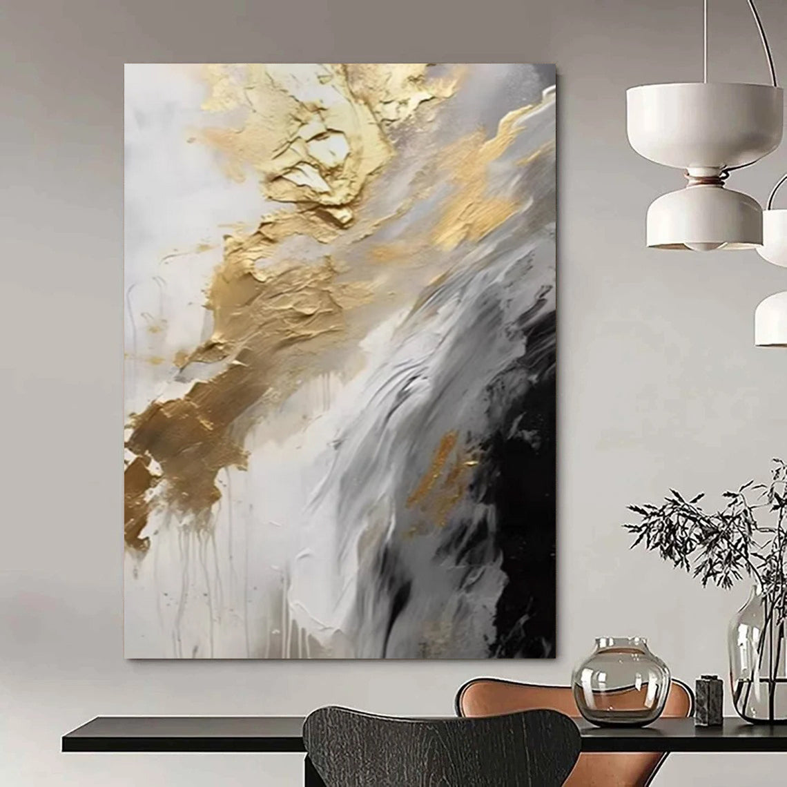 “Gold & Silver Abstract Flow” - Dynamic Abstract Painting On Canvas DS302