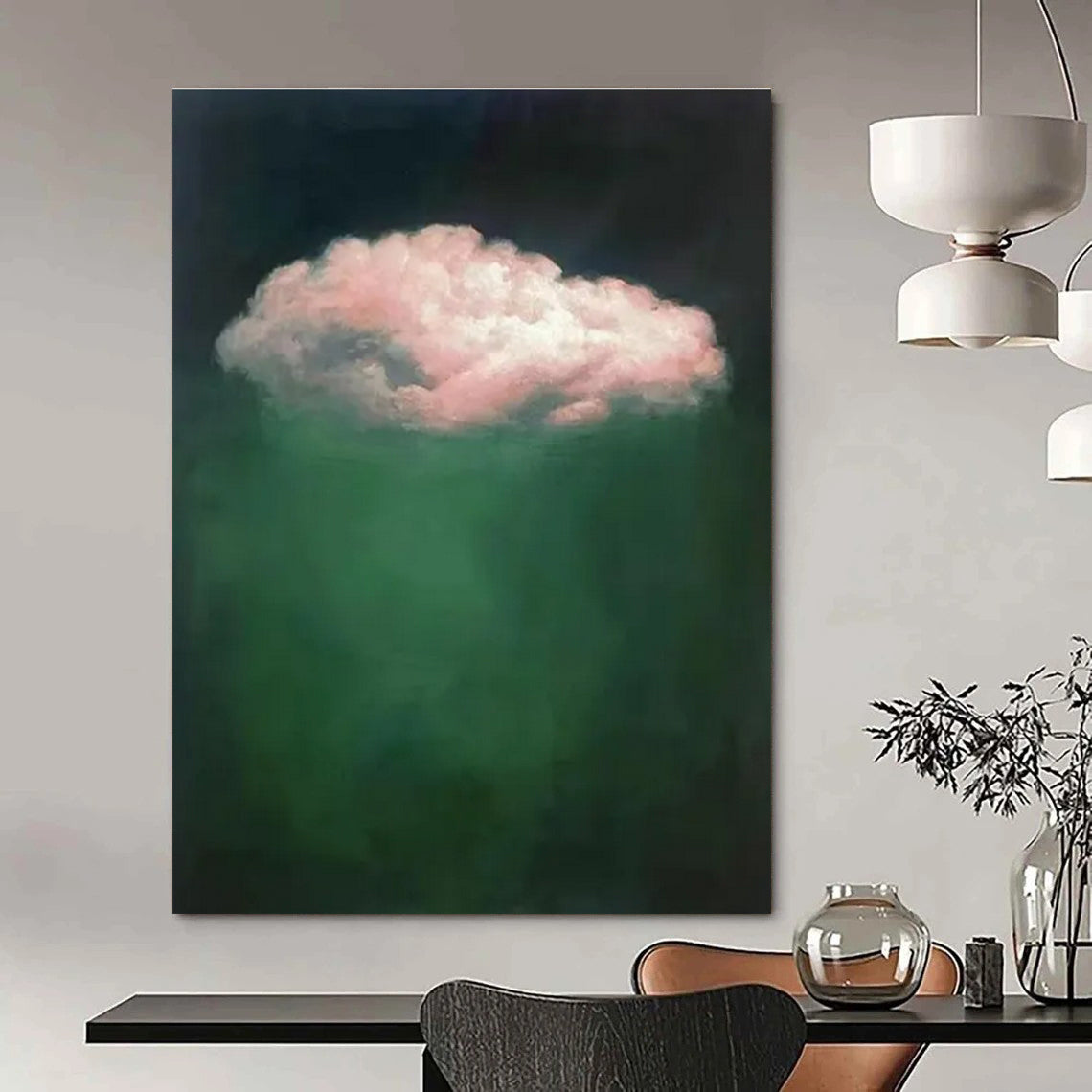 Green, Pink with Floating Cloud "Surreal Touch" Abstract Painting On Canvas PS1442