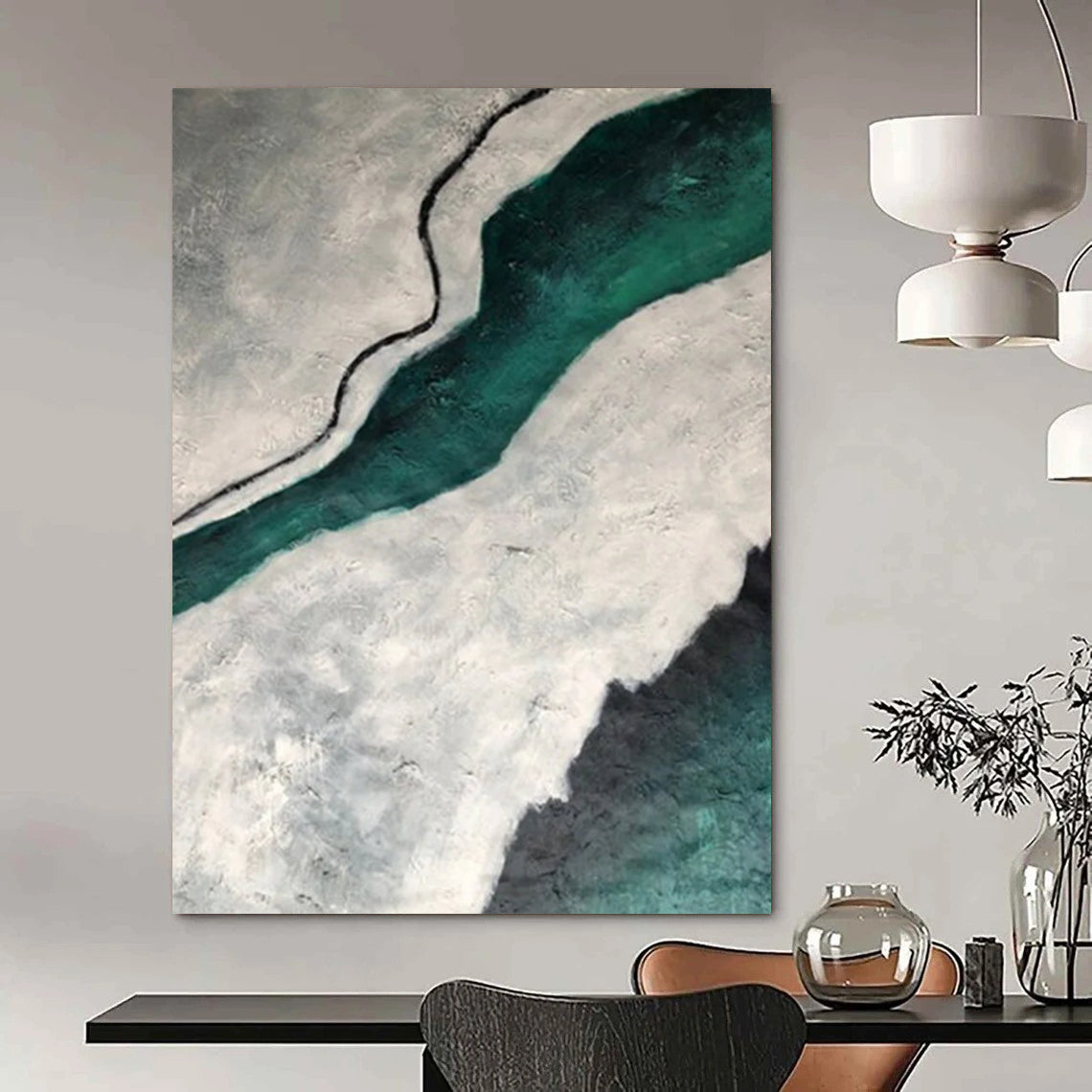 “Teal River Through Grey Lands: Textured Abstract Painting” - Landscape - Inspired Abstract Painting On Canvas DS403