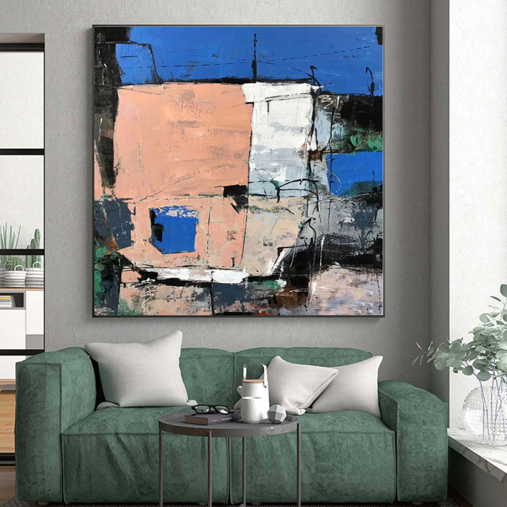 “Blue - Peach Urban Geometry” - Blue, Peach, Gray Abstract Painting On Canvas PS0468