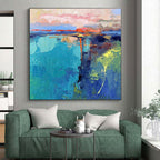 “Colorful Abstract Landscape” - Blue, Green, Pink Abstract Landscape Painting On Canvas PS0720