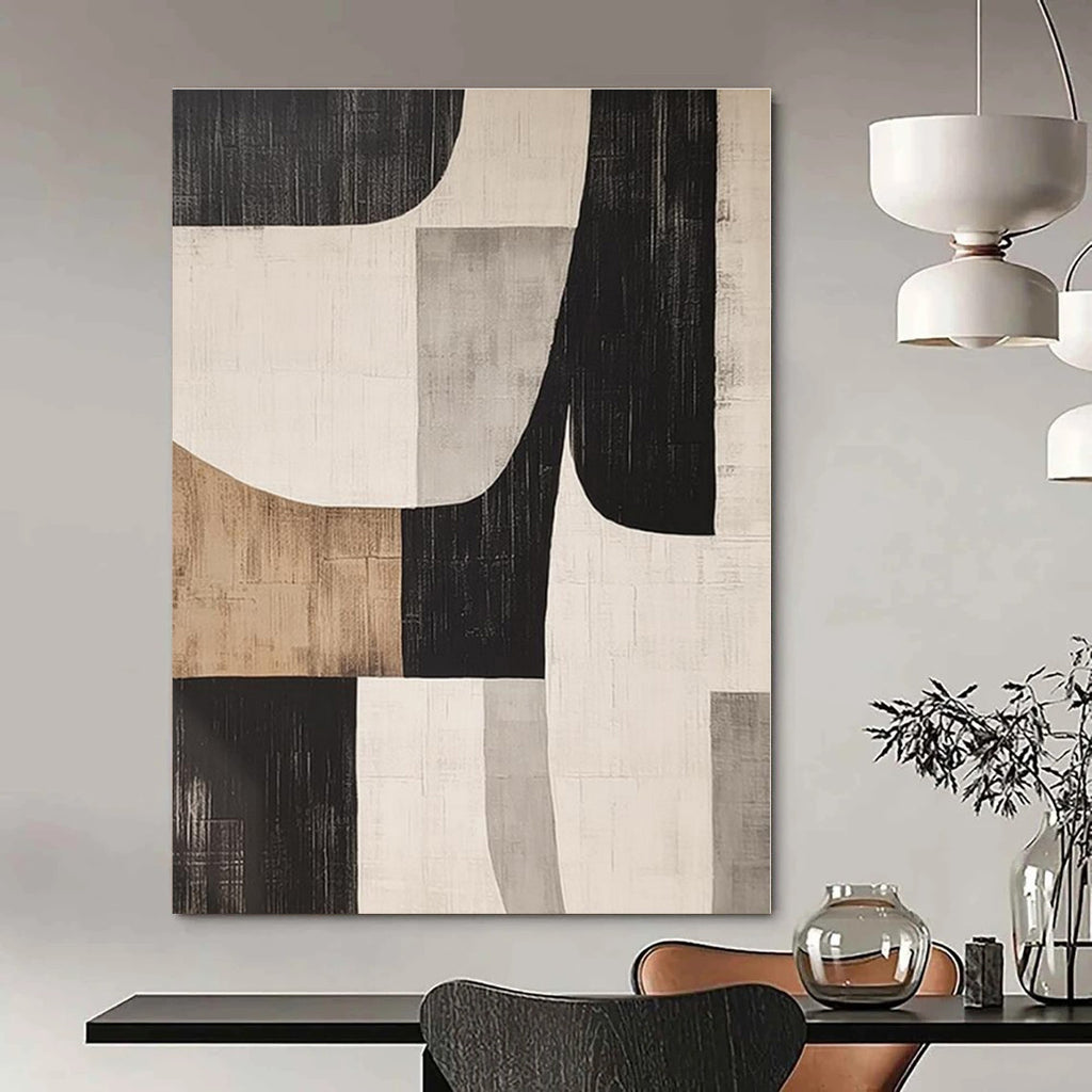 Black, White, Gray, Brown with Curved Geometric Shapes "Organic Geometry" Abstract Painting On Canvas PS1371