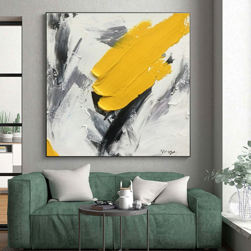 “Bold Yellow Stroke” - Yellow, Gray, White Abstract Impasto Painting On Canvas PS0616