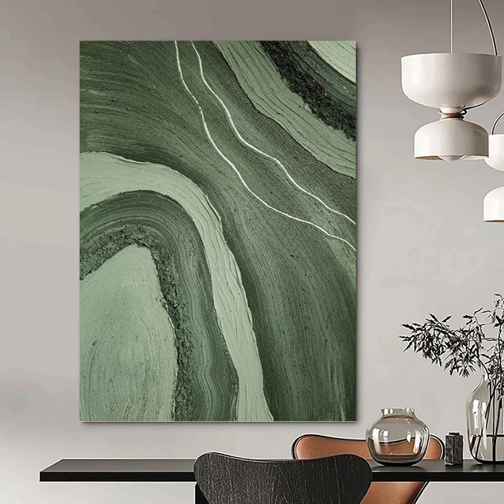 “Green & Gray Flowing Textures” - Green, Gray, Fluid Abstract Painting On Canvas PT1484