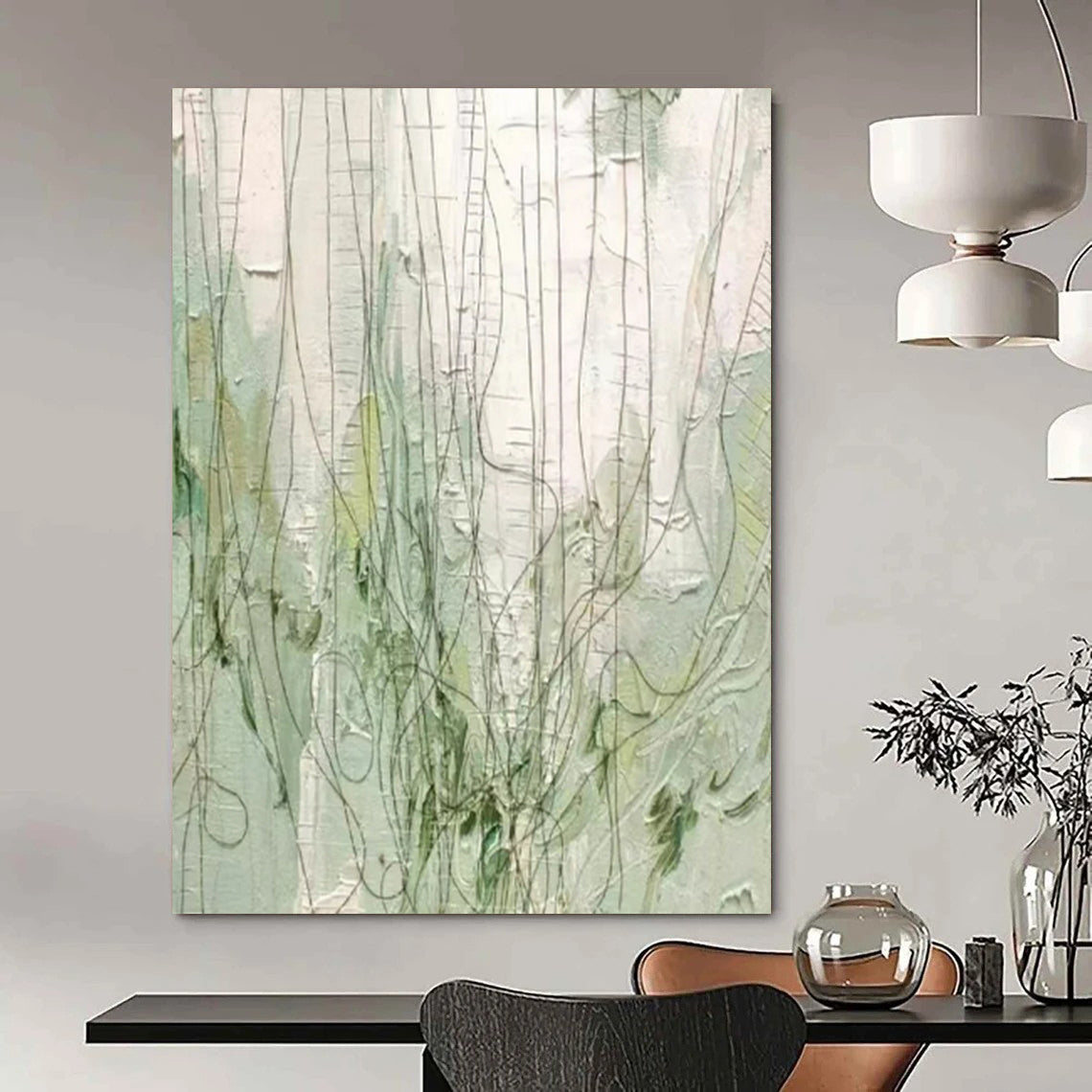 “Green and Gray Textured Abstract” - Linear Abstract Painting On Canvas PT2280