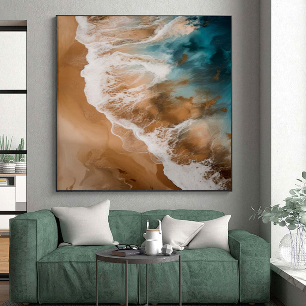 “Aerial Beach View” - Blue, Brown, White Abstract Aerial Seascape Painting PS0766