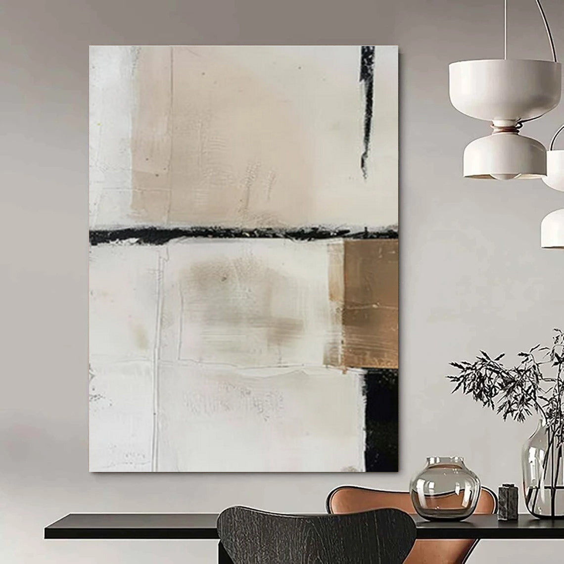White, Beige, Black, Gold with Textured Blocks "Subtle Contrast" Abstract Painting On Canvas PS1475