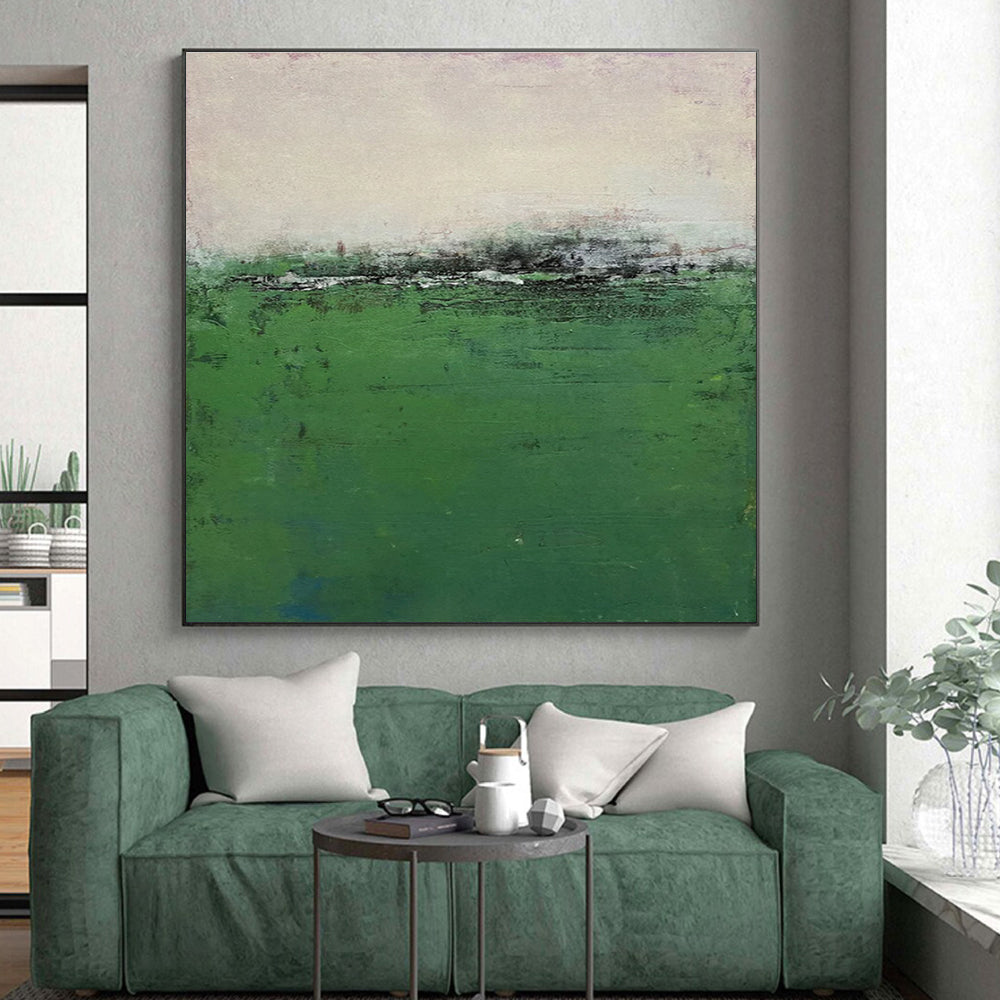 “Misty Green Field” - Green, Gray, Purple Abstract Landscape Painting On Canvas PS0645
