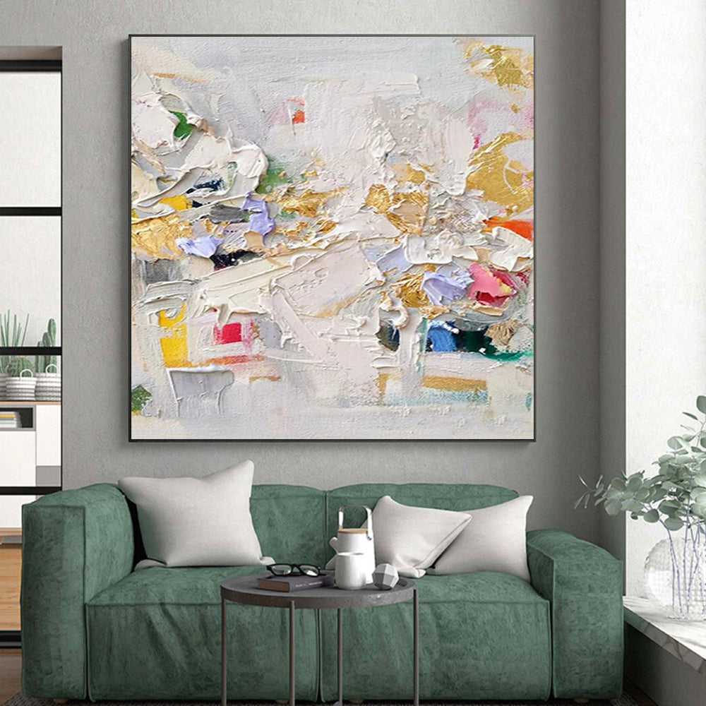 “Colorful Textured Chaos” - Multicolor, Gold Abstract Impasto Painting On Canvas PS0714