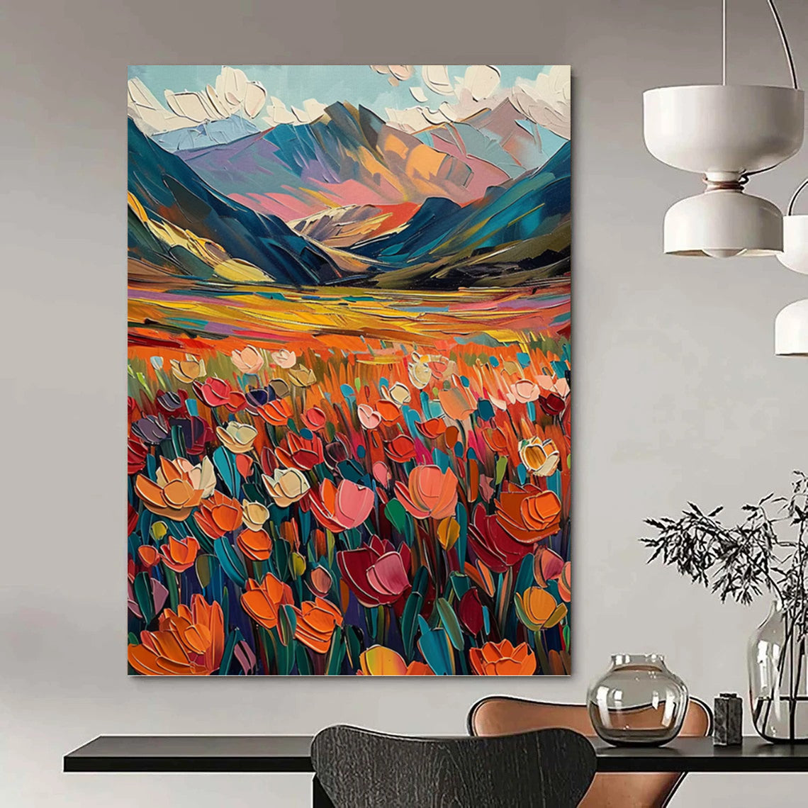 “Colorful Mountain Field” - Landscape, Vibrant - Hued Painting On Canvas PT1597