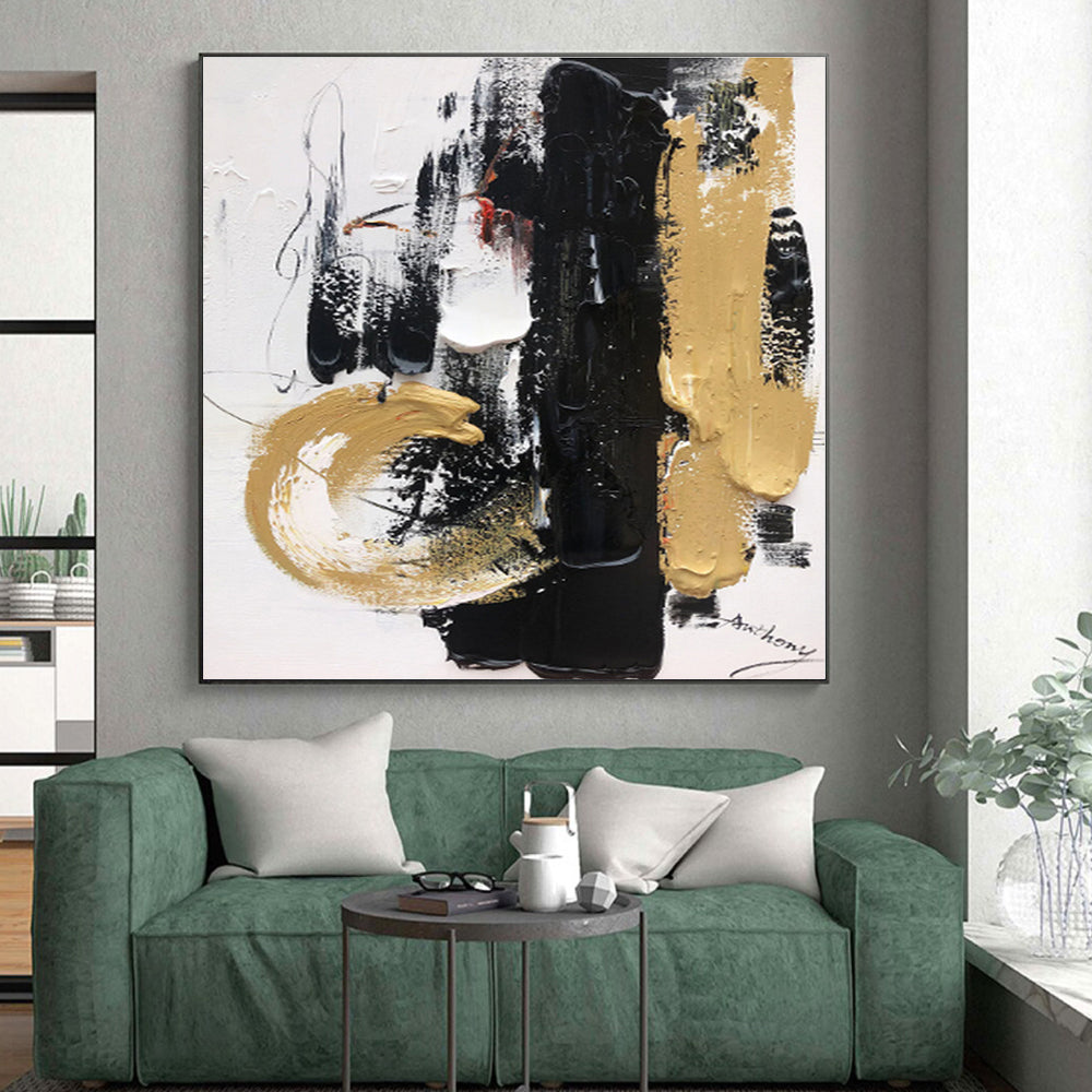 “Black - Gold Opulent Strokes” - Black, Gold, White Abstract Painting On Canvas PS0509