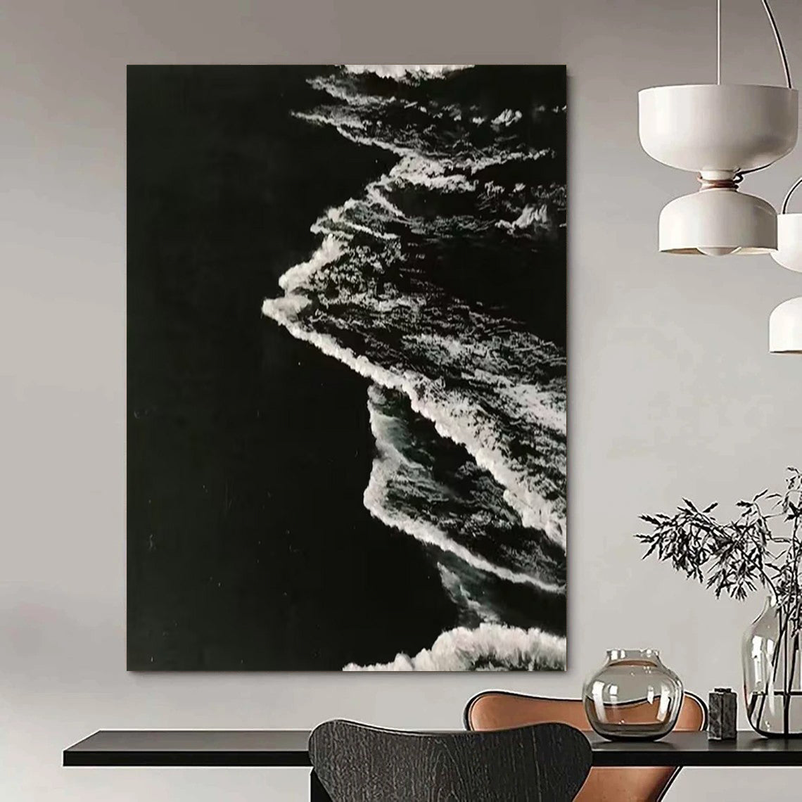 “Black and White Textured Wave Abstraction” - Minimalist Ocean Painting On Canvas DS349
