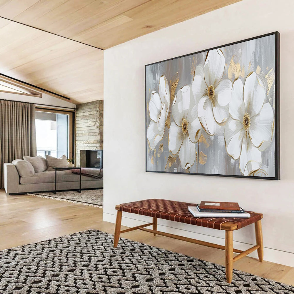“White - Gold Floral Blooms” - Elegant Flowers “Gilded Garden” Painting On Canvas PT1653
