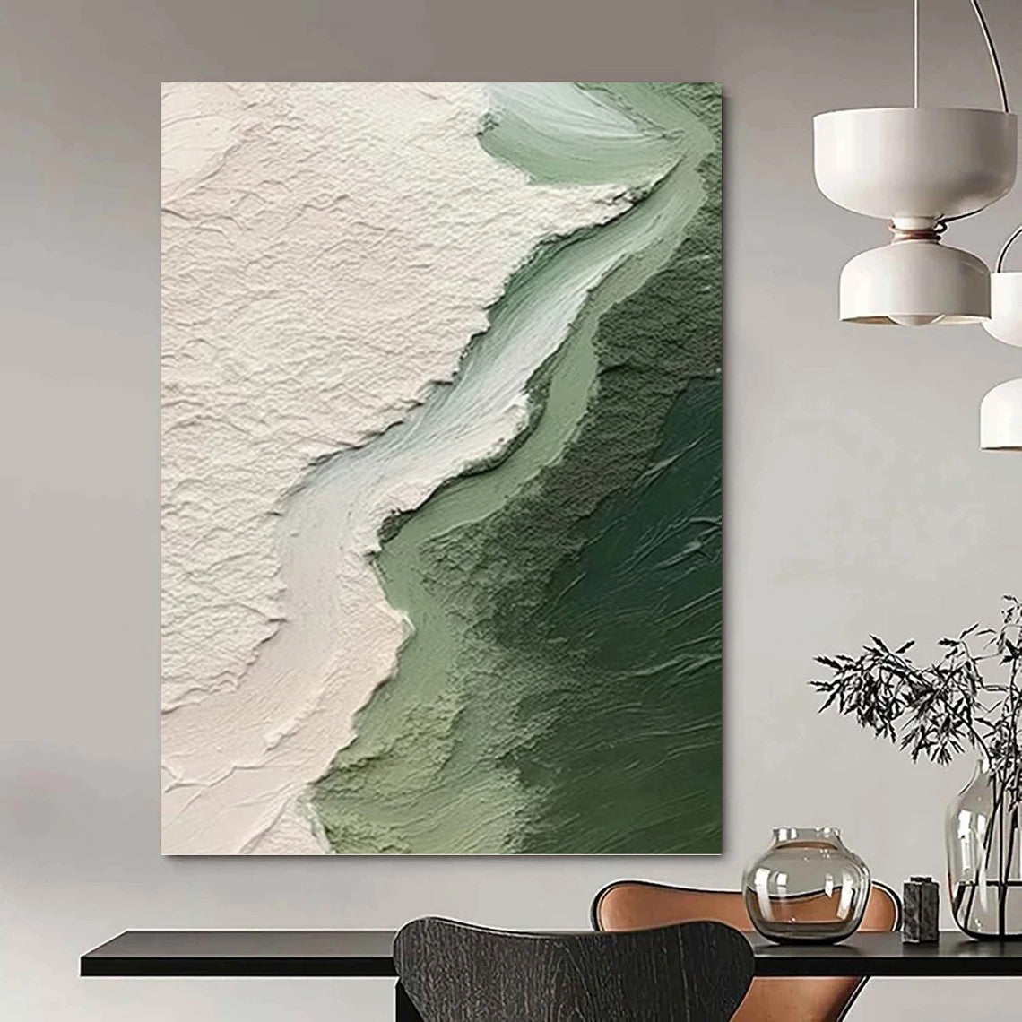 “Green - White - Light Green Textured Abstract” - Minimalist Abstract Painting On Canvas PT1382