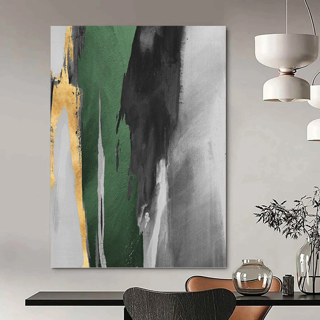 “Green, Gray, and Gold Abstract” - Abstract, Multicolored Painting On Canvas PT1522