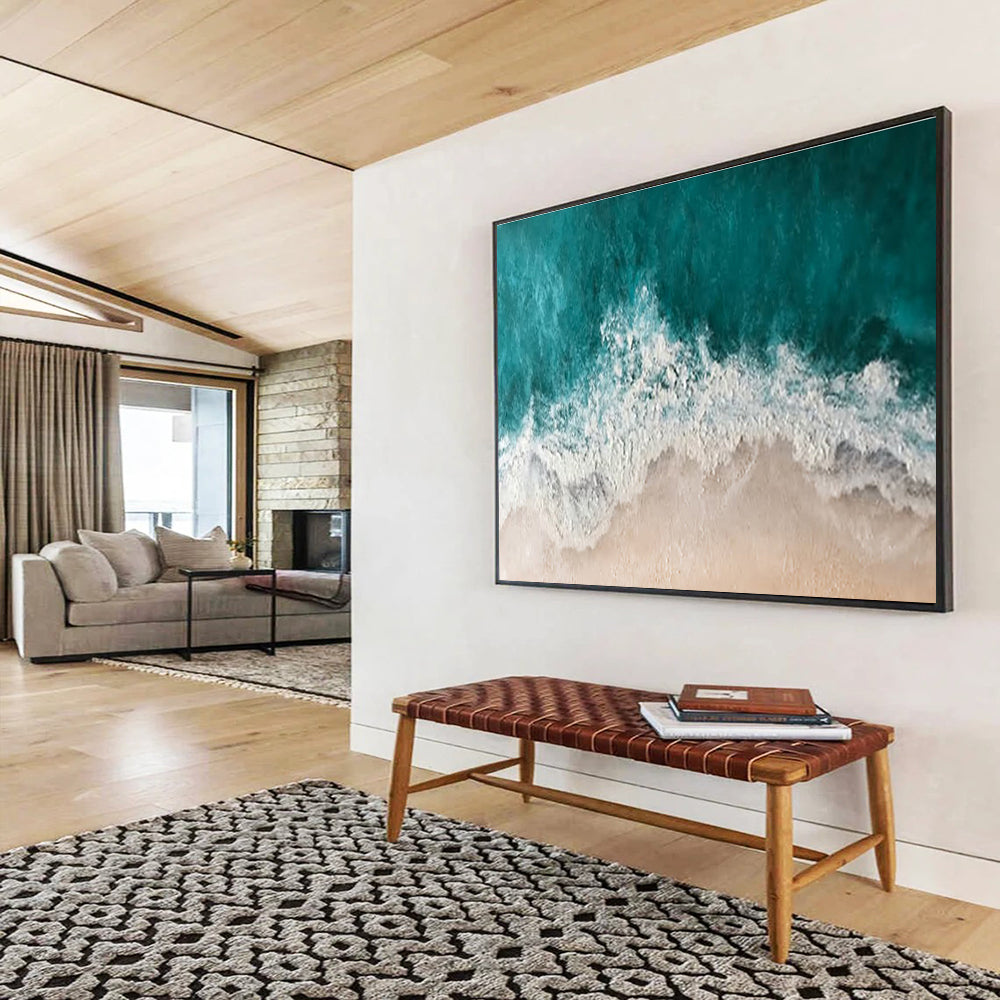 “Aerial Beach Waves” - Turquoise, White & Beige Coastal, Abstract Aerial Painting On Canvas DKS699