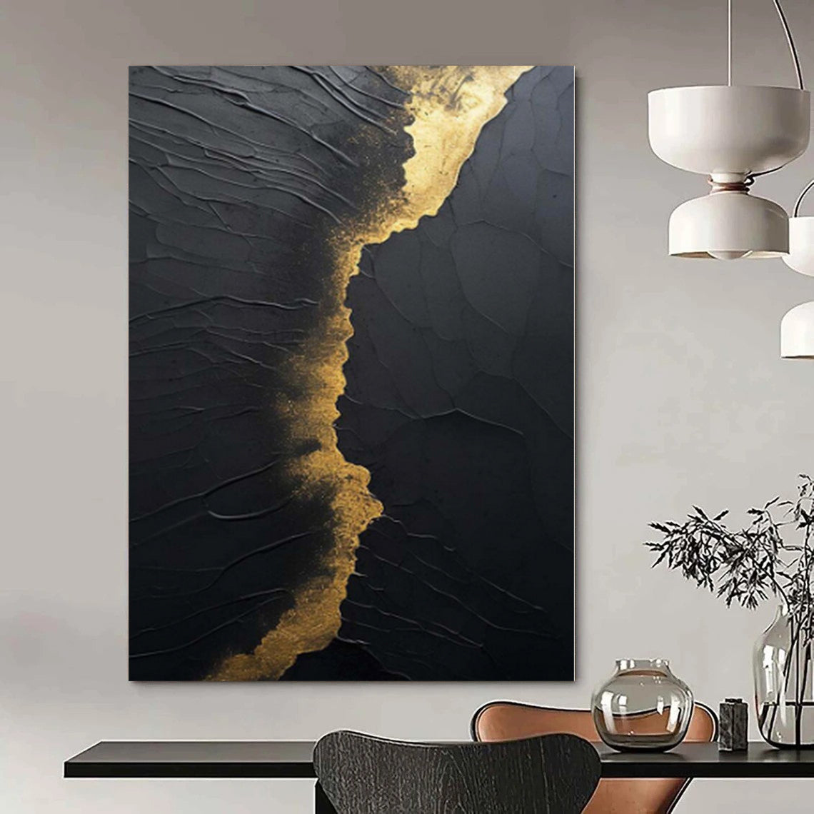 “Black - Gold Textured Abstract” - Luxe Abstract Painting On Canvas PS0167