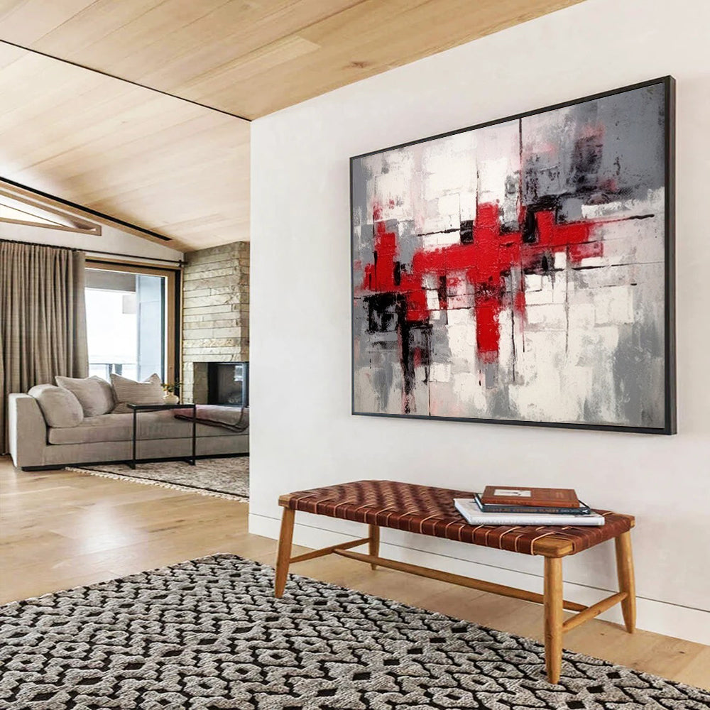 “Red - Gray Abstract Blocks” - Bold Red “Urban Pulse” Painting On Canvas PT1637