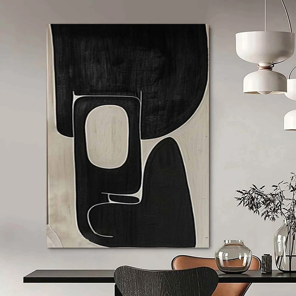 Black and White Organic Shapes "Shadow Geometry" Abstract Painting On Canvas PS1074