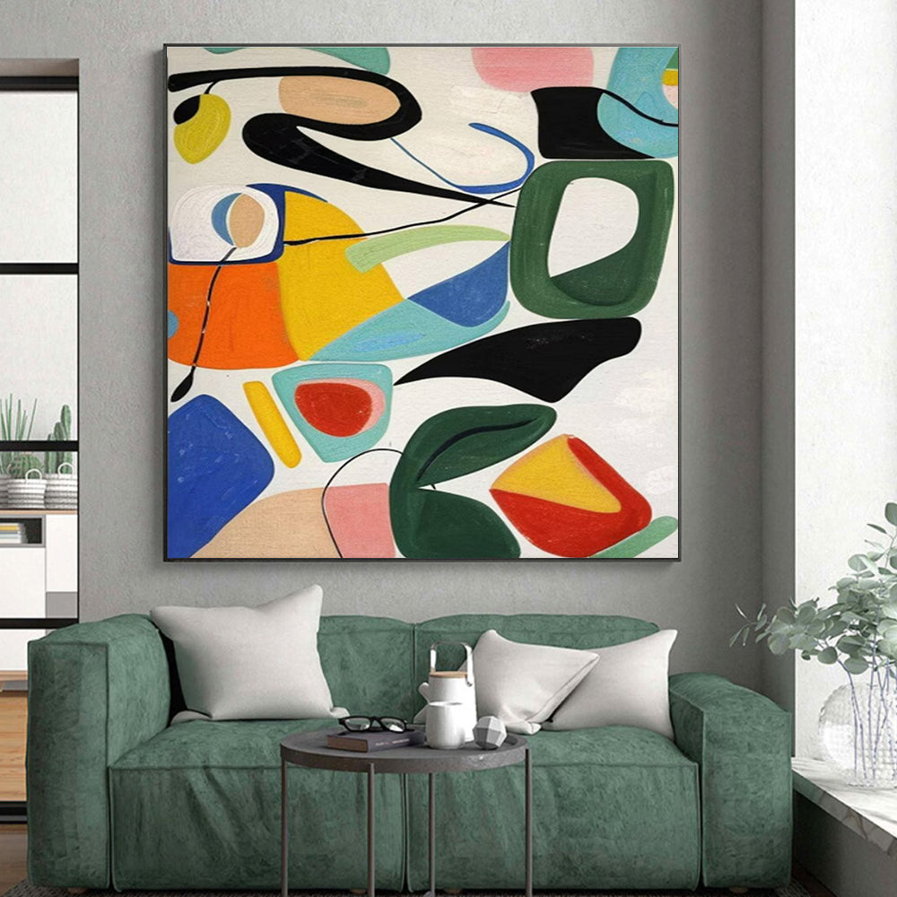 “Colorful Abstract Shapes Play” - Multicolor, Pink, Blue, Yellow, Green Abstract Geometric Painting On Canvas PS0635
