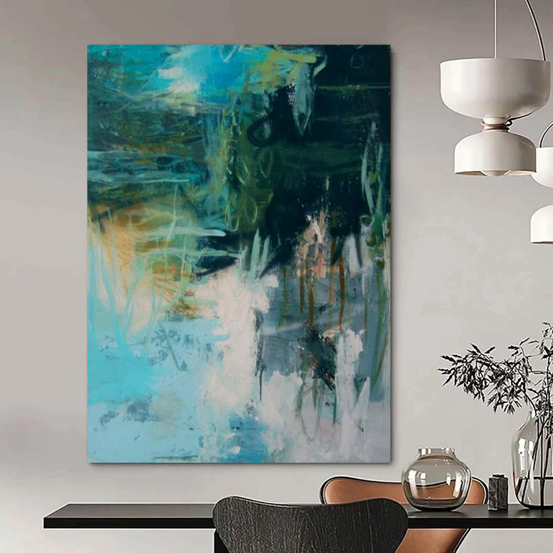 “Teal and Green Abstract” - Expressionist Abstract Painting On Canvas PT2286