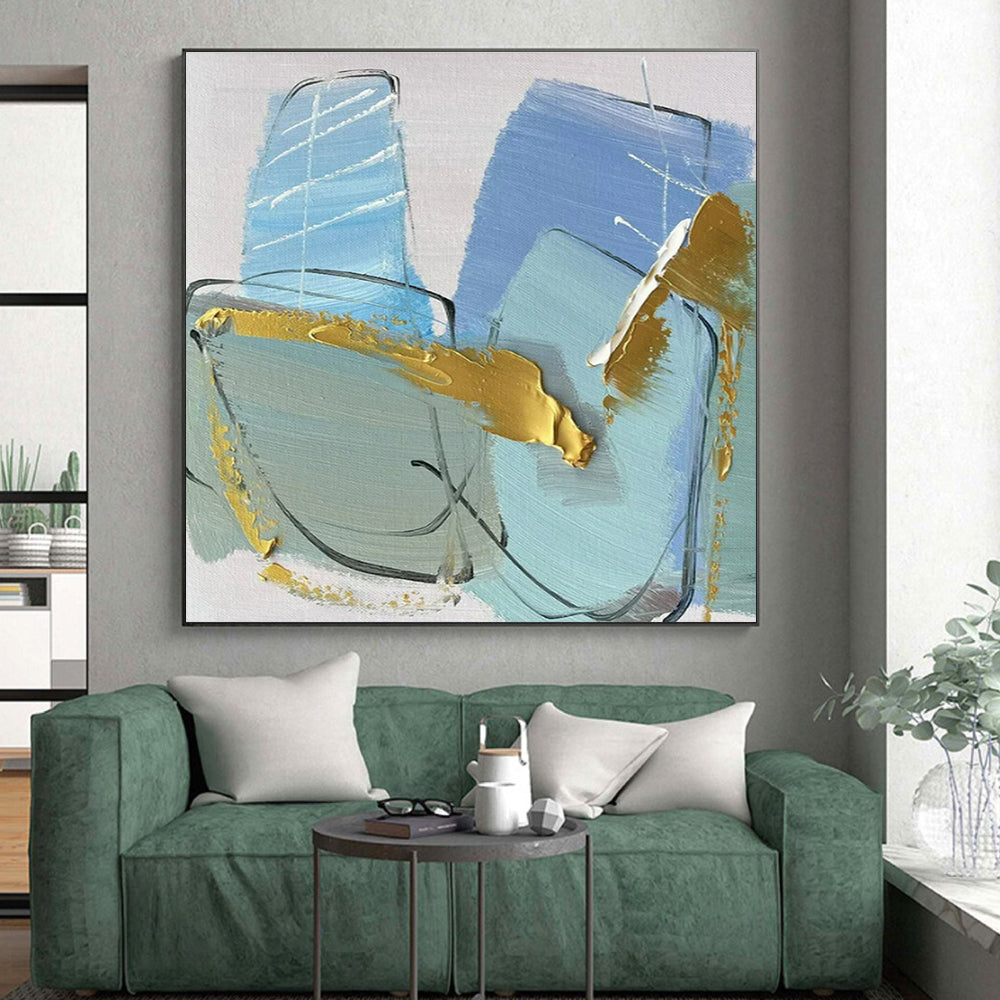 Blue, Gold, Gray Delicate Forms “Ocean’s Treasure” - Painting On Canvas PS0796
