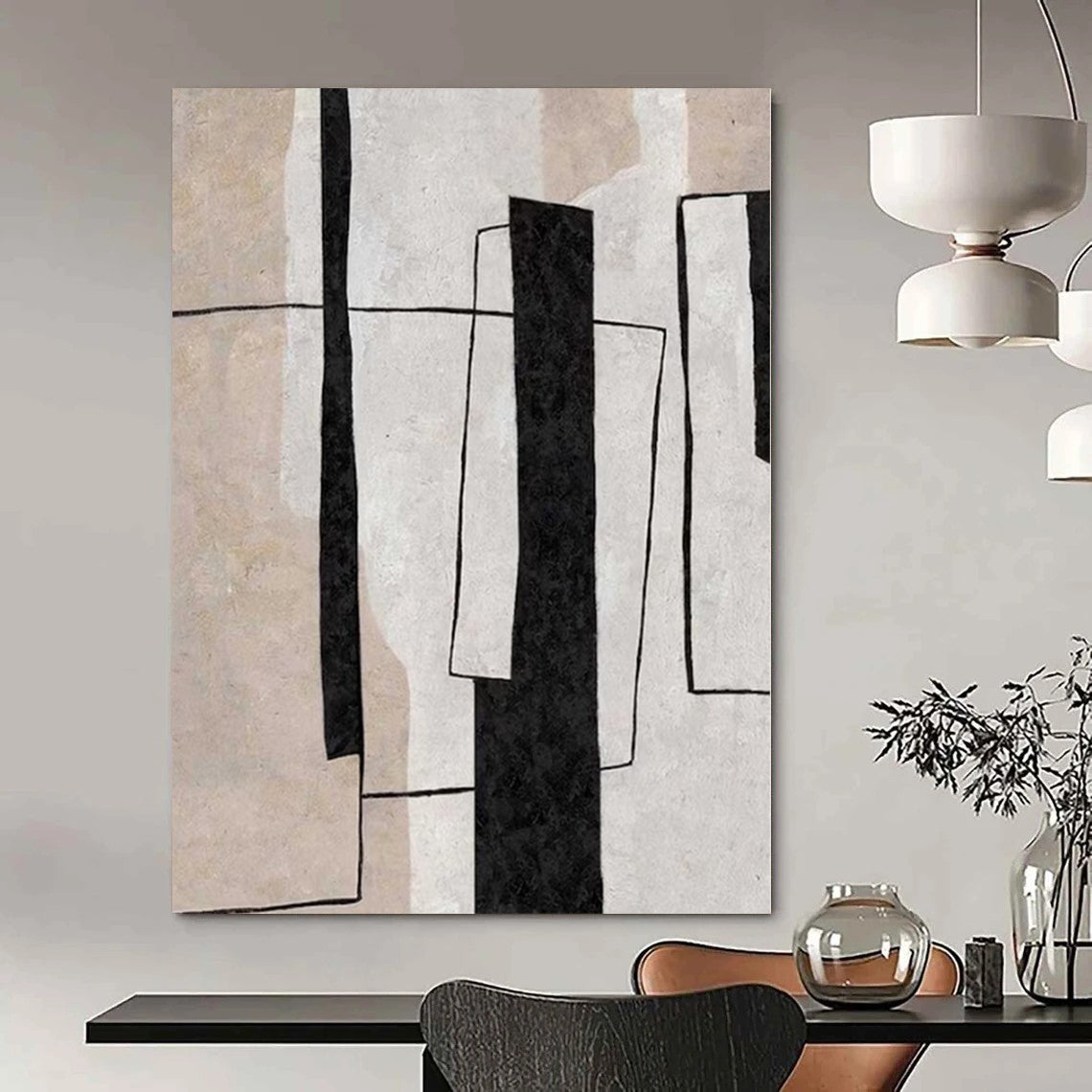 Black, White and Beige with Geometric Overlaps "Structured Unity" Abstract Painting On Canvas PS1159