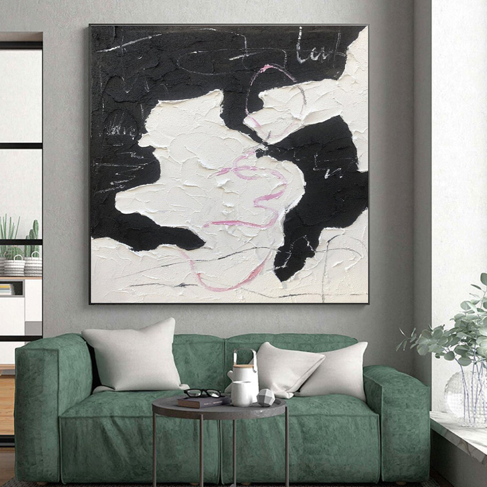 “Textured Black - White - Pink” - Black, White, Pink Textured Abstract Painting On Canvas PS0773