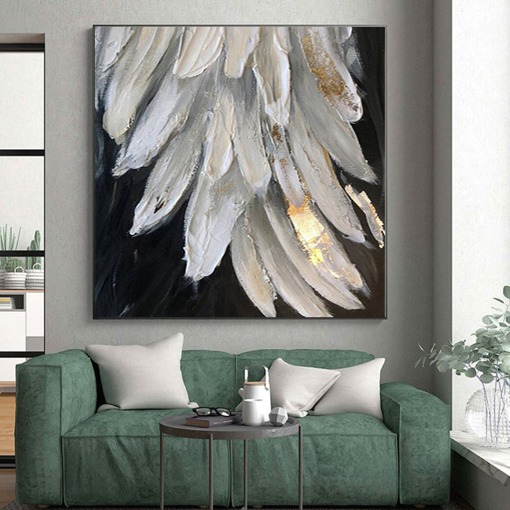 “White & Gold Feather Textures” - Textured Abstract Painting On Canvas PS0431