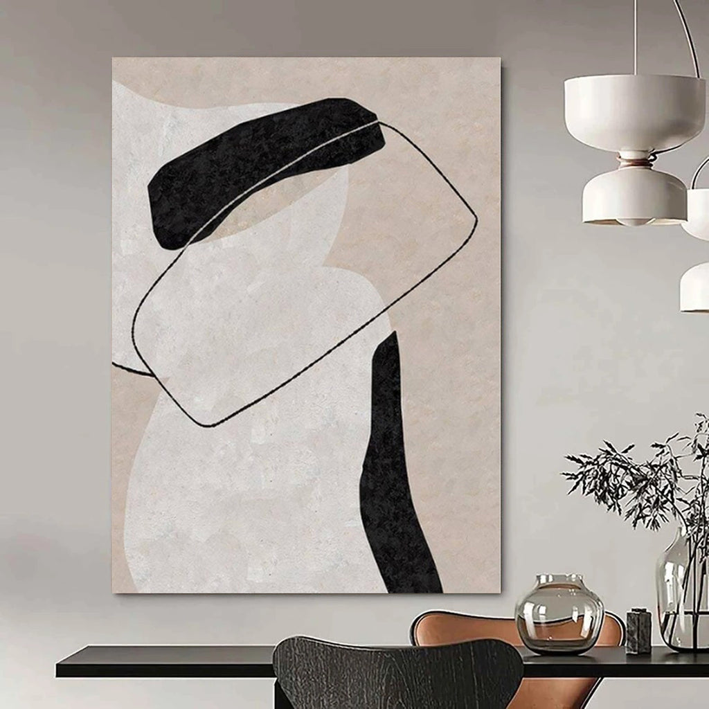 Beige, Black and White with Interconnected Forms "Linked Harmony" Abstract Painting On Canvas PS1122