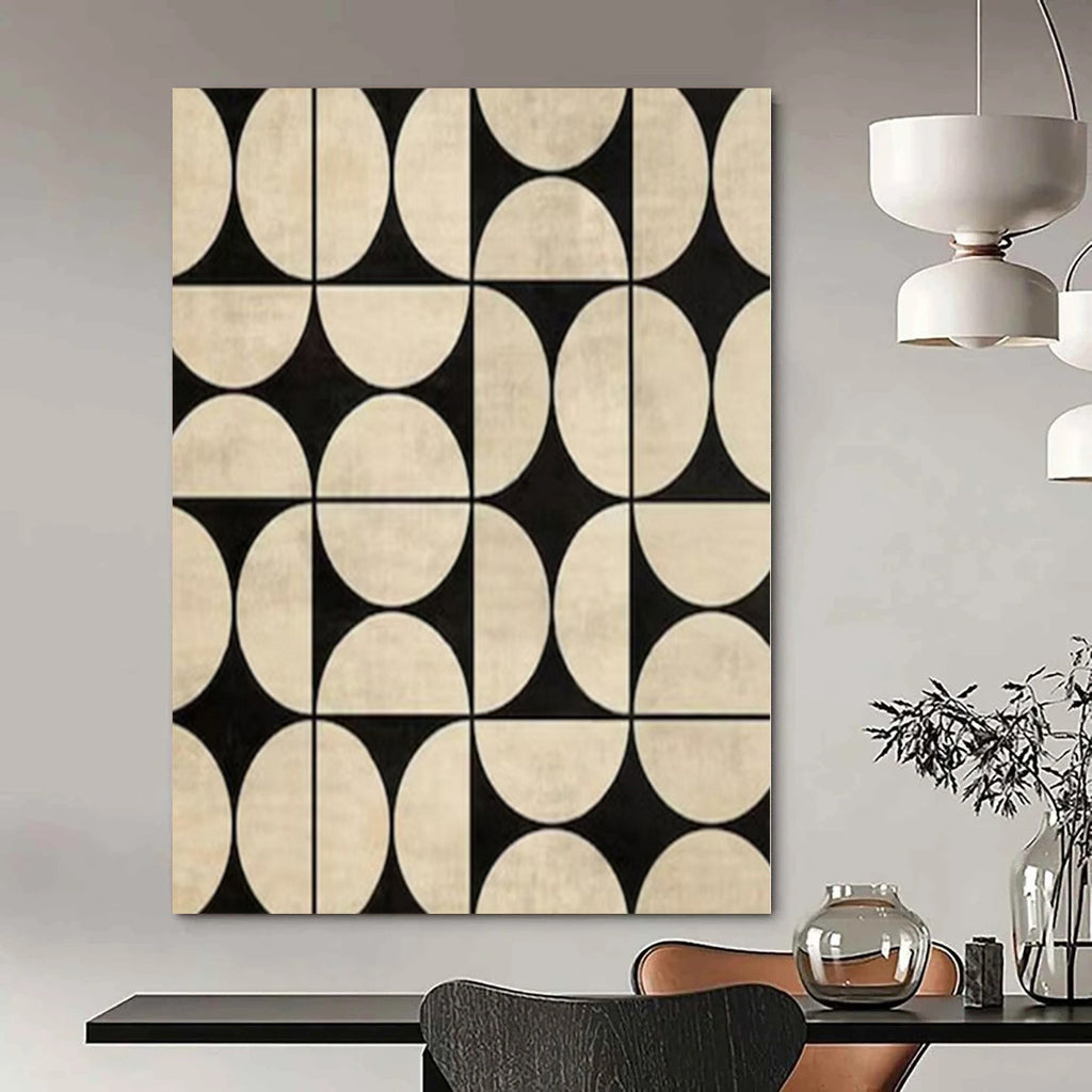 Black and Beige Geometric Pattern "Retro - Modern Mosaic" Abstract Painting On Canvas PS1082