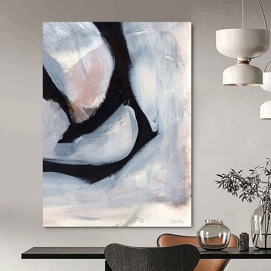 “Black & White Abstract Petals” - Contrasting Hues with Soft Shapes Painting On Canvas DS228