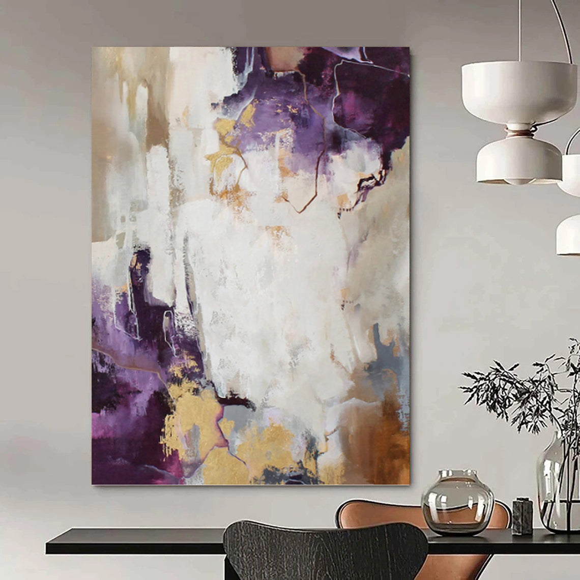 “Purple, Gold and White Abstract” - Regal Color Fusion Painting on Canvas PT1009