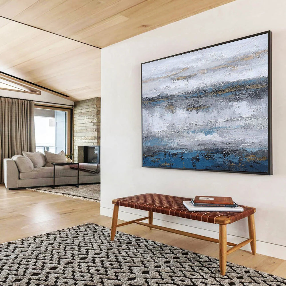 “Blue and Gold Abstract Horizon” - Abstract Horizon Painting, Fits Living Room & Office Lobby DKS609