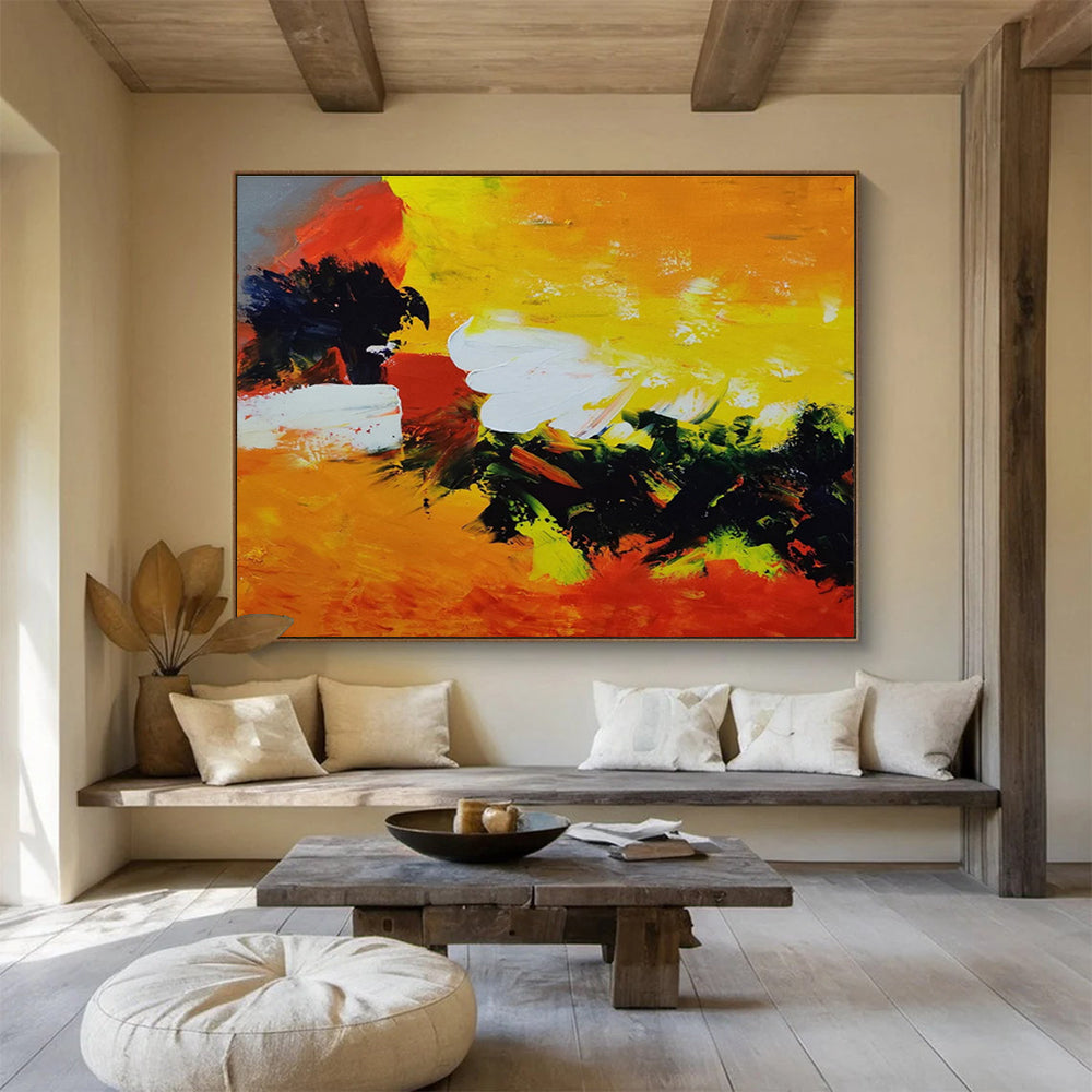 Fiery Abstract: Yellow, Orange & Green Expressionist Painting for Modern Living Room & Creative Studio DKS652
