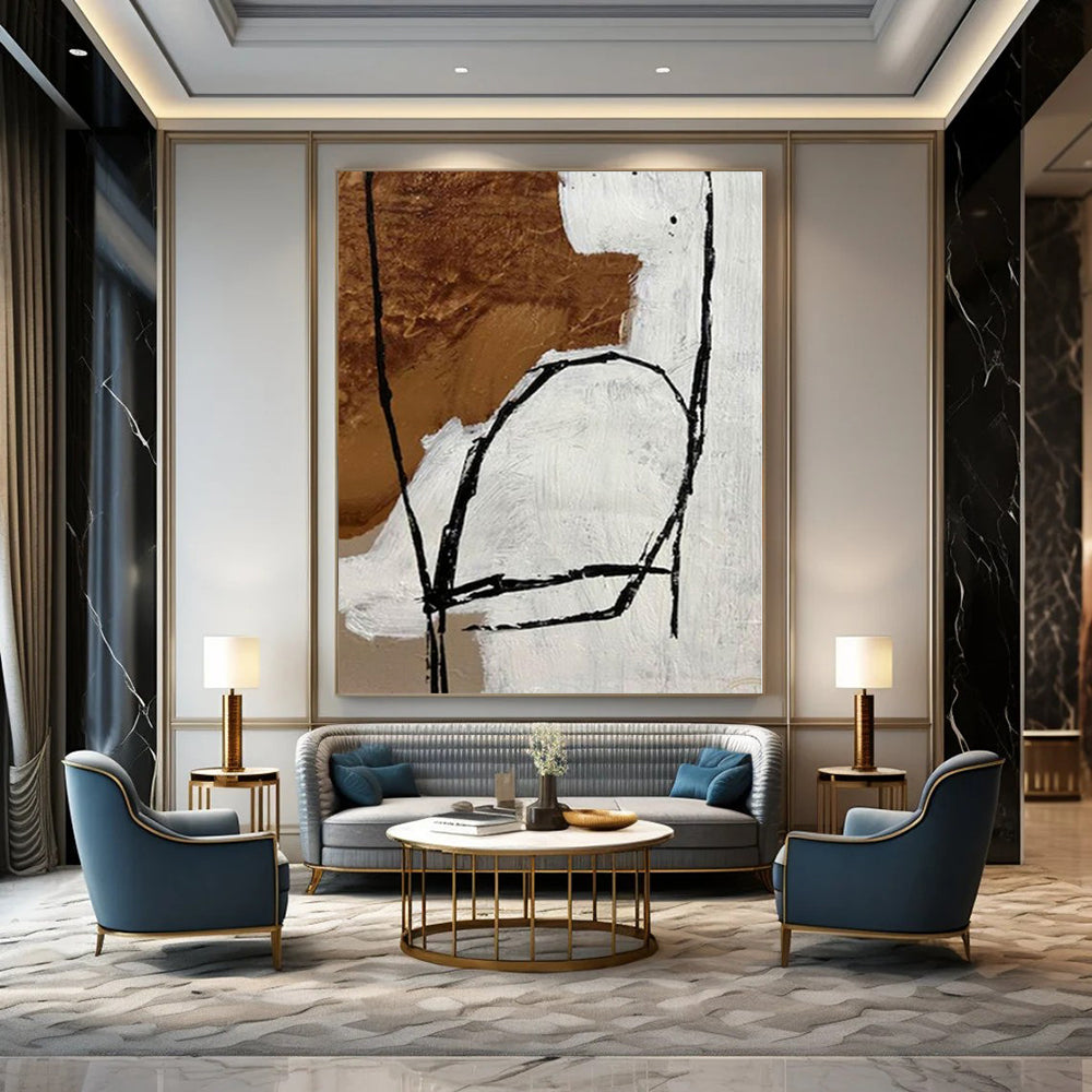 Brown, Black and White with Expressive Lines "Raw Emotion" Abstract Painting On Canvas PS1112