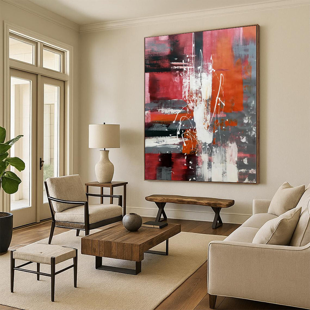 “Red - Grey - White Abstract Energetic Splashes” - Dynamic Abstract Painting On Canvas PS0313