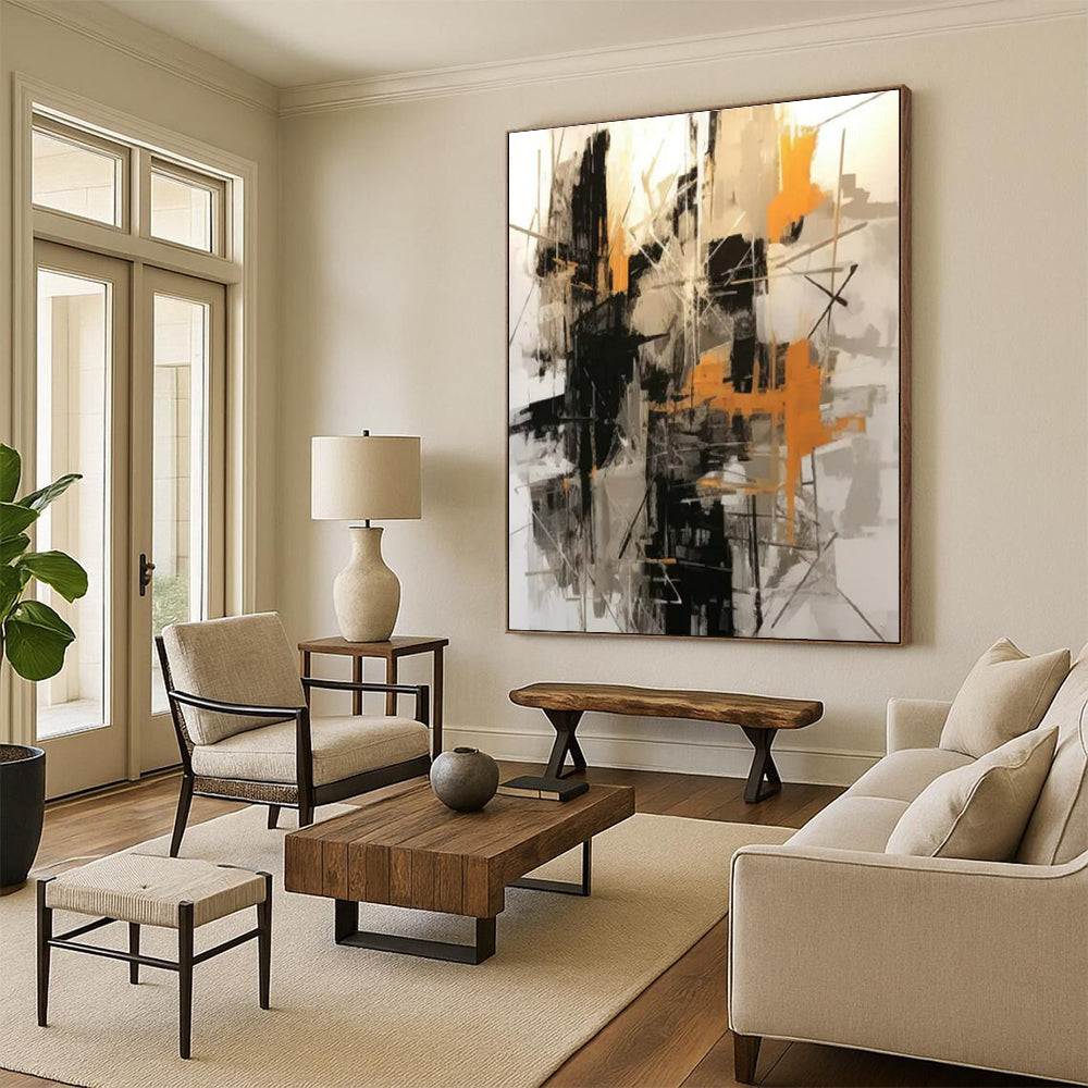 Black, Grey & Orange Abstract Chaos Painting On Canvas PS0821