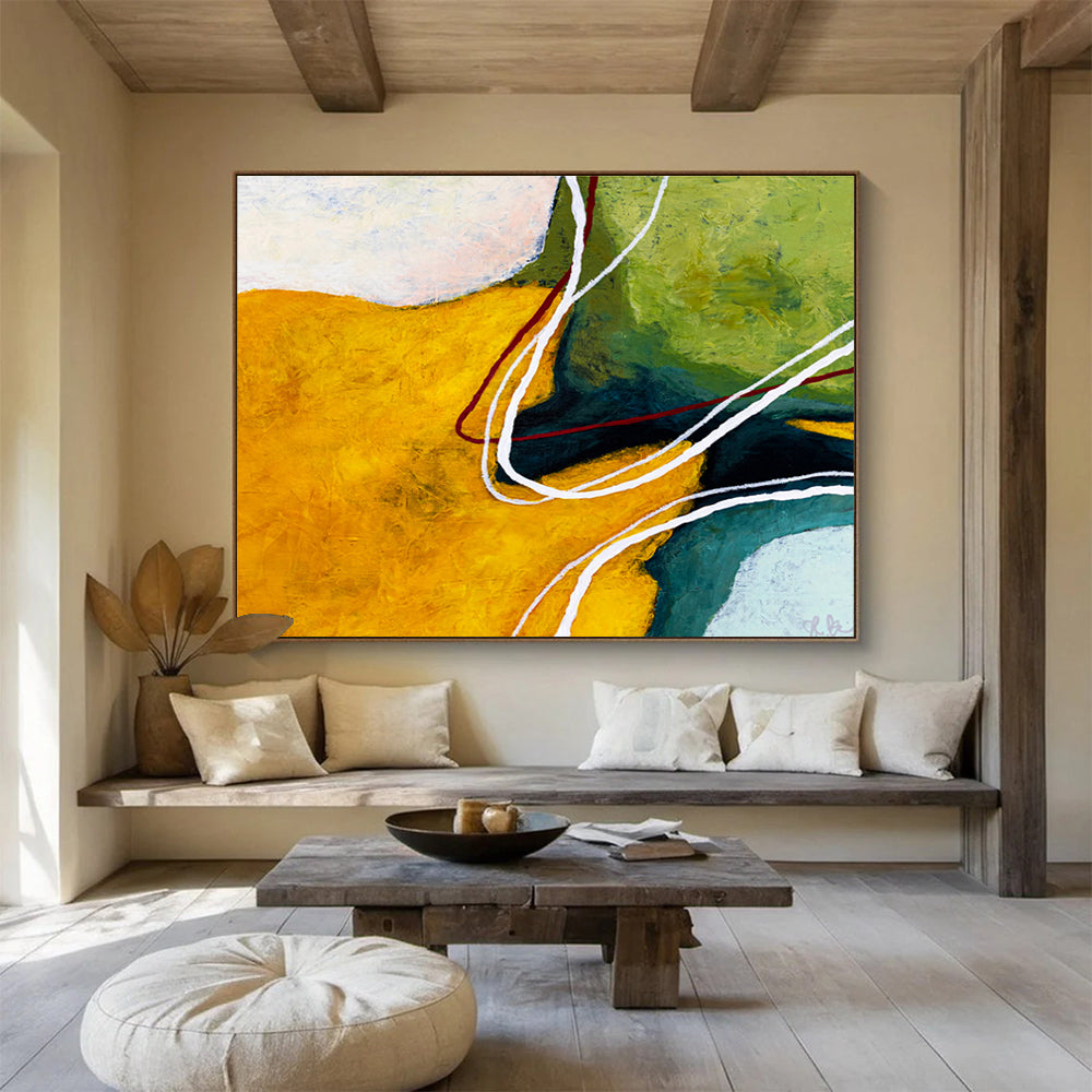 “Yellow, Green And Curved Lines Abstract” - Abstract Painting On Canvas DKS551